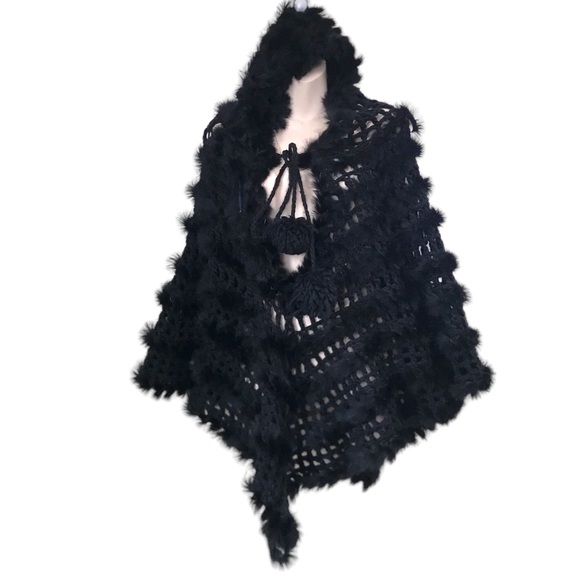 Pellessimo Paris Sweaters - Pellessimo Paris Rabbit Fur Open Knit Poncho Shawl Cape Hood Crotchet Tassel OS